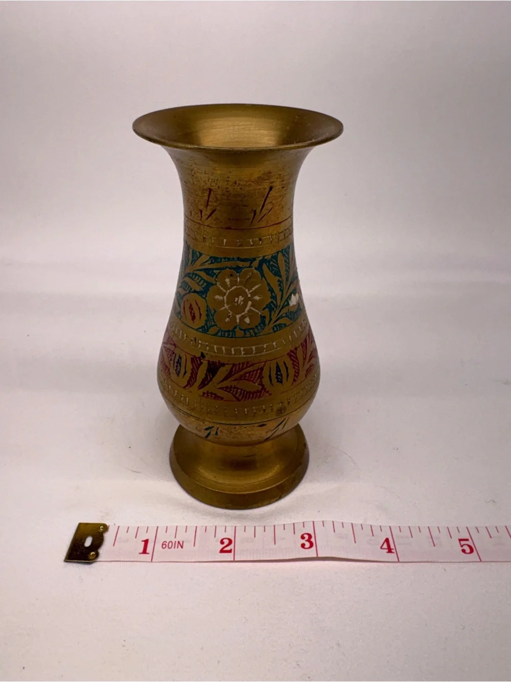 Vintage Etched Brass Floral Vase Hand Painted 6